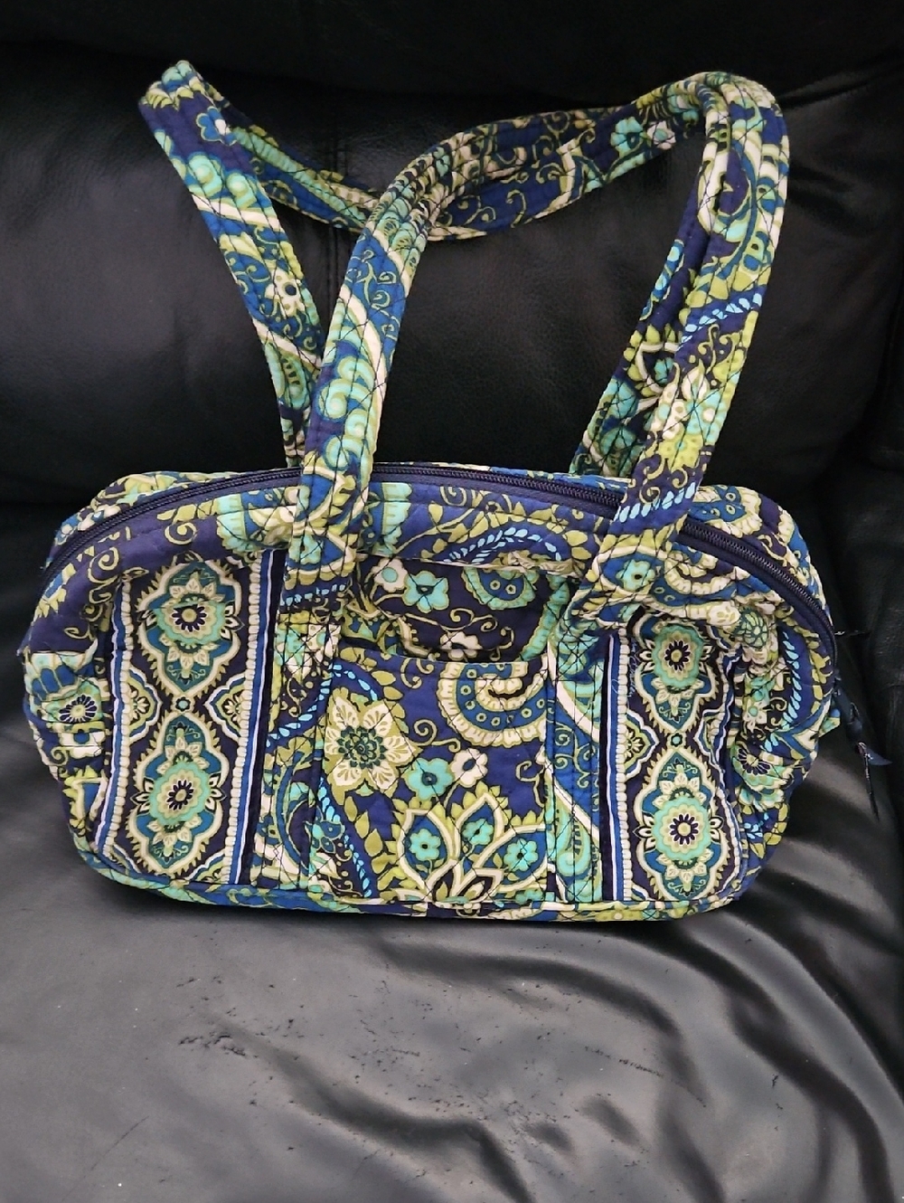 Vera Bradley Quilted Floral Pattern Tote Shoulder Bag - Navy, Aqua & Green